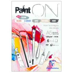 Clairefontaine Paint ON Multi Techniques block A5 (148×210 mm), 24 ark i 6 olika färger, 250 g/m²