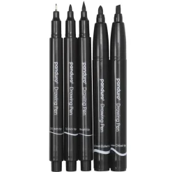 Panduro tuschpennor 0.5 mm, 1 mm, penselspets, 4 mm snedskuren spets och 1 mm rund spets, svart, 5-pack