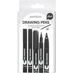 Panduro tuschpennor 0.5 mm, 1 mm, penselspets, 4 mm snedskuren spets och 1 mm rund spets, svart, 5-pack