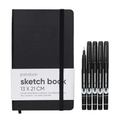 5 svarta fineliners och behändig skissbok à 13×21 cm