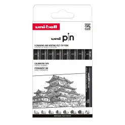 Uni Pin Fineliner 8-pack, Set #1 – 7 fineliners och 1 brush / penselspets