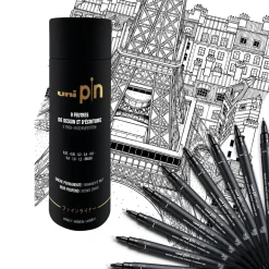 Uni Pin Fineliners, set i tub med 9 fineliners – 0,05 till 1,2 mm + brushpen