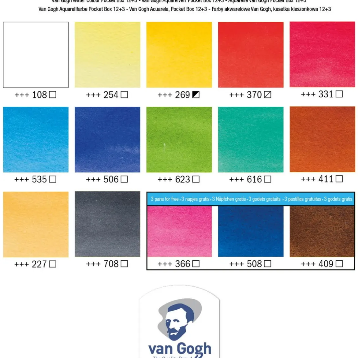 van Gogh akvarellfärger i set / pocket box – 15 halvkoppar