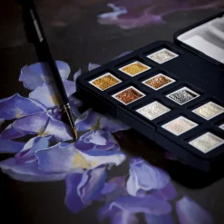 van Gogh akvarellfärger set – 12 halvkoppar – Noir + A4-block med 12 svarta ark