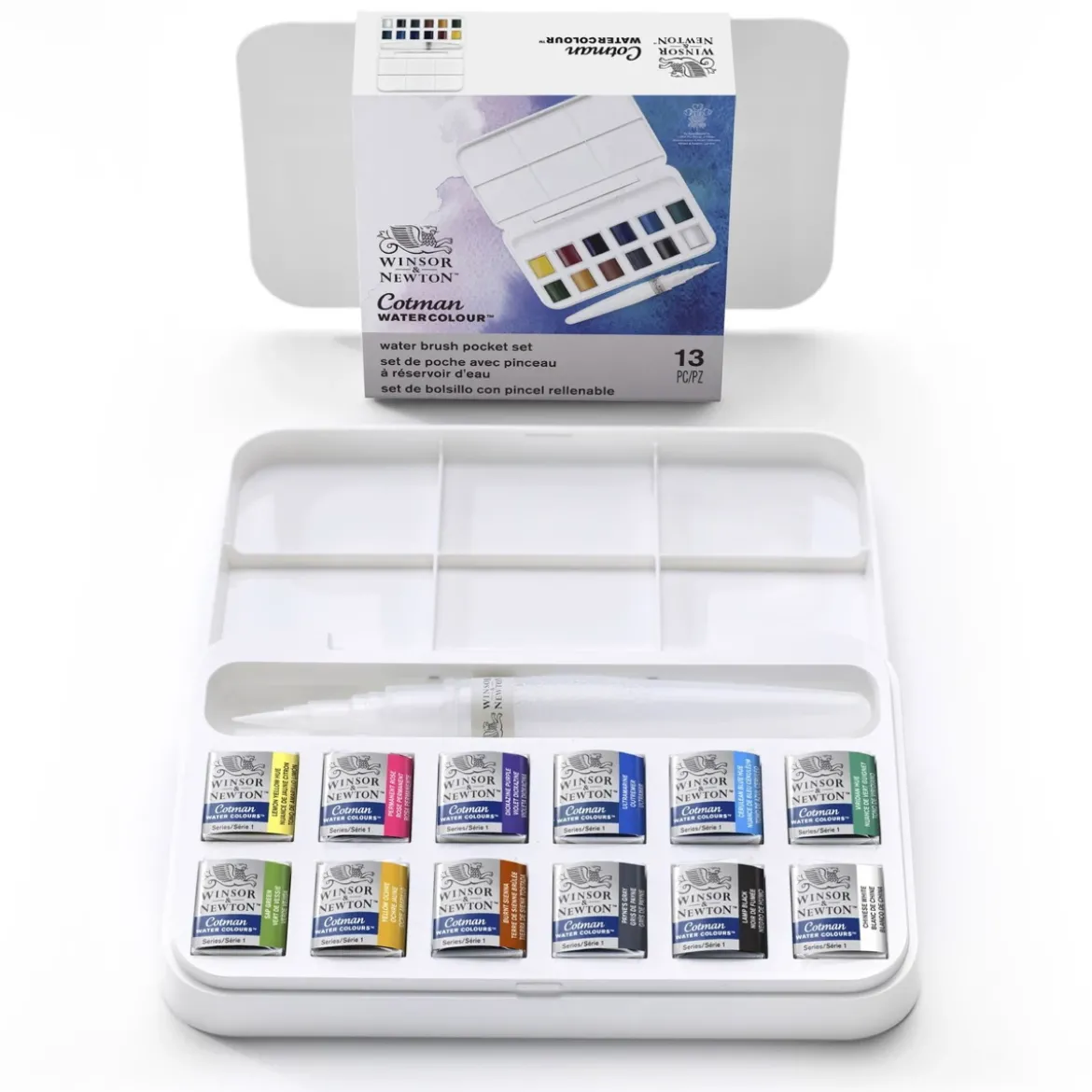 Winsor & Newton Cotman Brush Pocket Set, 12 halvkoppar + vattenpensel