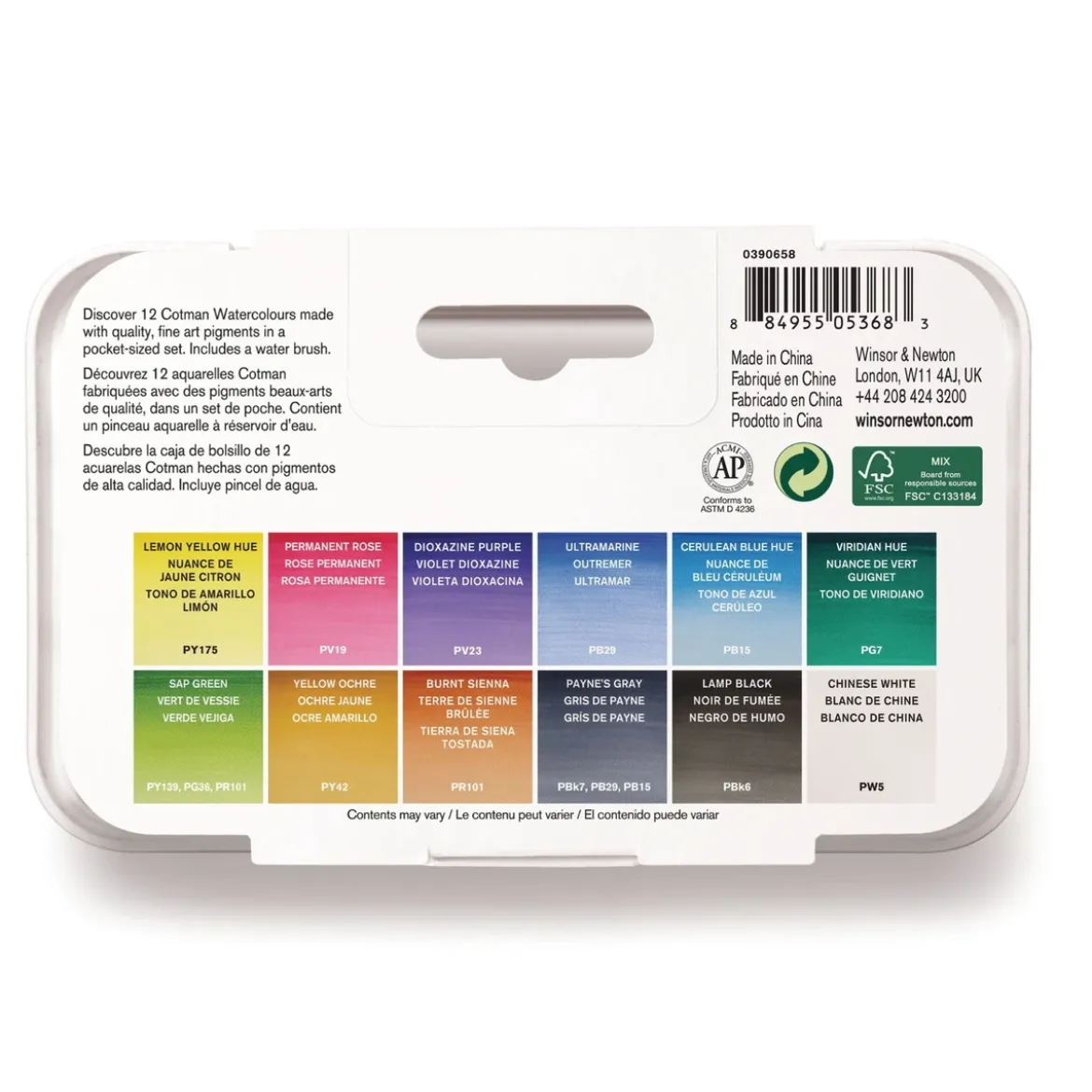Winsor & Newton Cotman Brush Pocket Set, 12 halvkoppar + vattenpensel