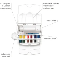 Winsor & Newton Cotman Field Travel Set, akvarellfärg i 12 halvkoppar, etui, flaska & pensel