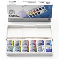 Winsor & Newton Cotman Pocket Selection, akvarellfärg i 12 halvkoppar, etui & pensel