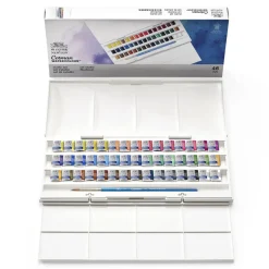 Winsor & Newton Cotman Studio set, akvarellfärg i 45 halvkoppar, etui & pensel