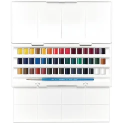 Winsor & Newton Cotman Studio set, akvarellfärg i 45 halvkoppar, etui & pensel
