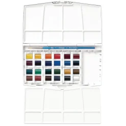 Winsor & Newton Cotman Travellers set, akvarellfärg i 24 halvkoppar, etui & pensel